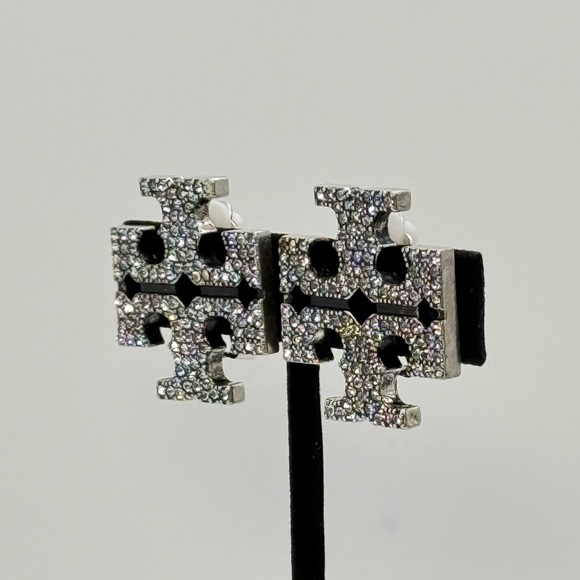Tory Burch Silver T Logo Large  Crystal Clip-On Earrings - Picture 3 of 5